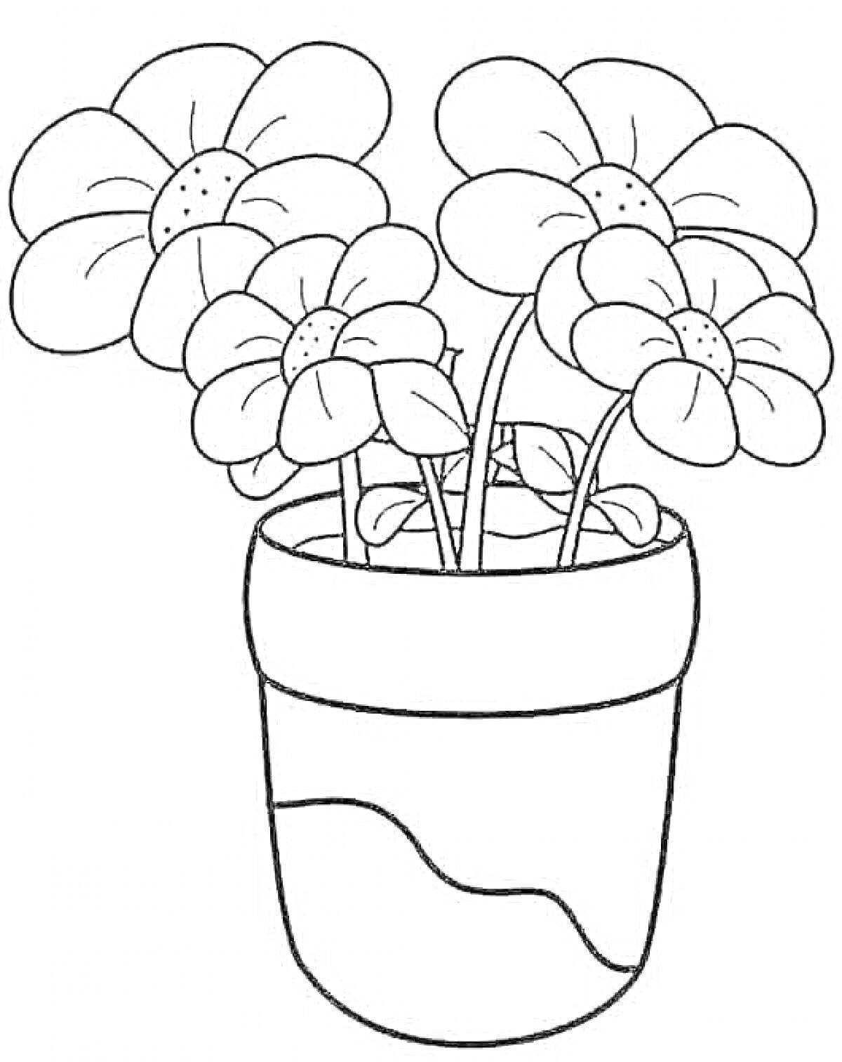 Раскраска Горшок с цветущими комнатными растениями - несколько цветков в горшке