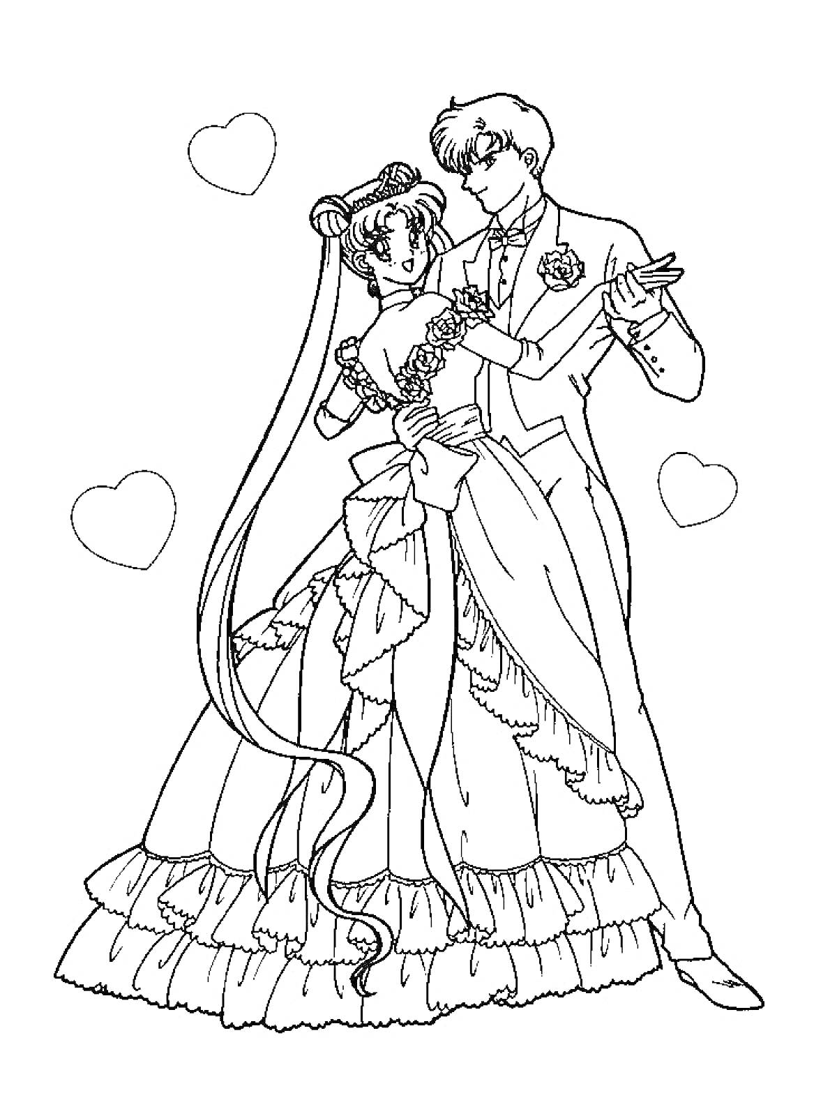 РаскраскаСейлор Мун и Тукседо Маск в свадебных нарядах с сердечками