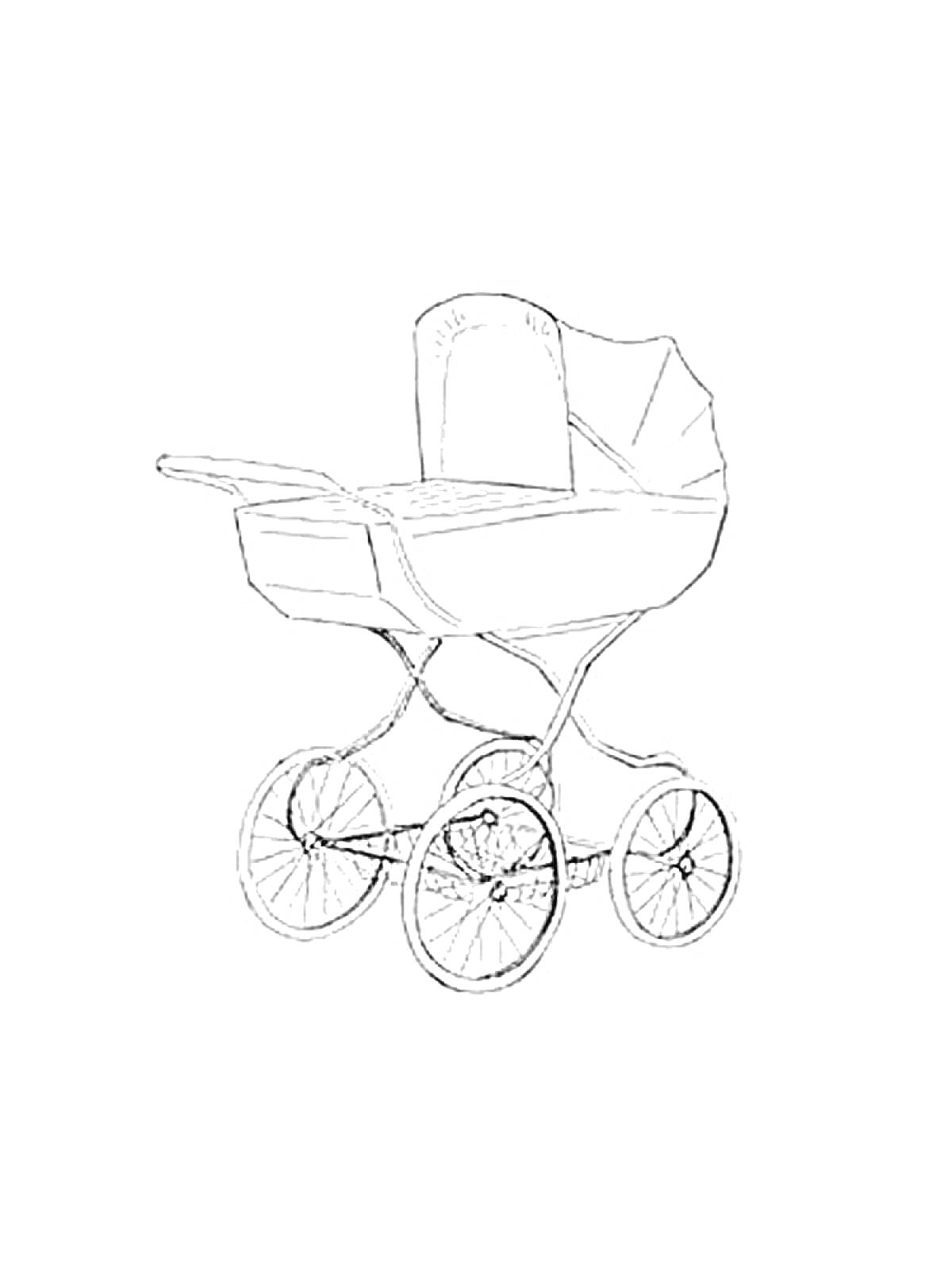Раскраска Классическая детская коляска с большими колесами и капюшоном