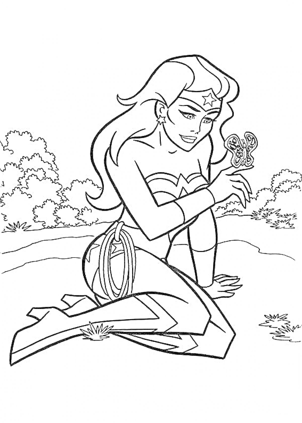 Раскраска Чудо-женщина сидит на коленях с волшебной верёвкой, держа в руках бабочку на фоне деревьев