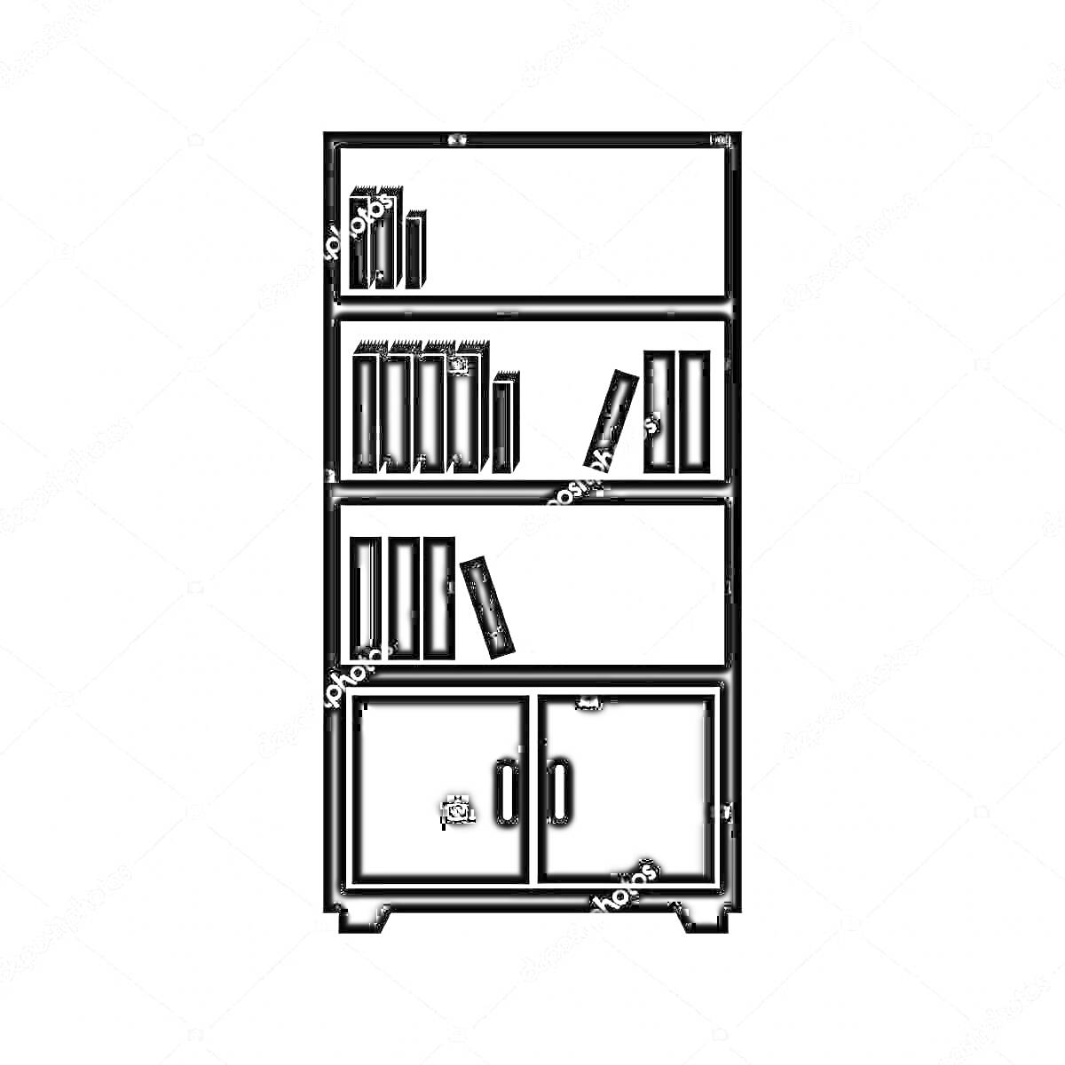 Раскраска Книжный шкаф с полками для книг и закрытым нижним отделением