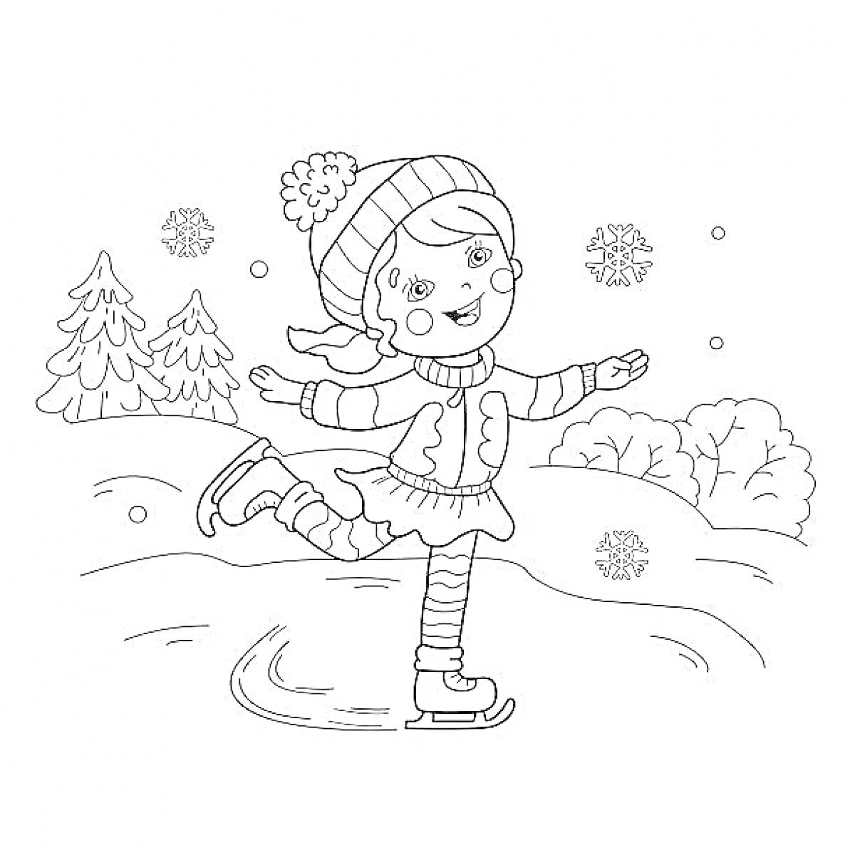 Раскраска Девочка на коньках в зимнем пейзаже с елками и снежинками