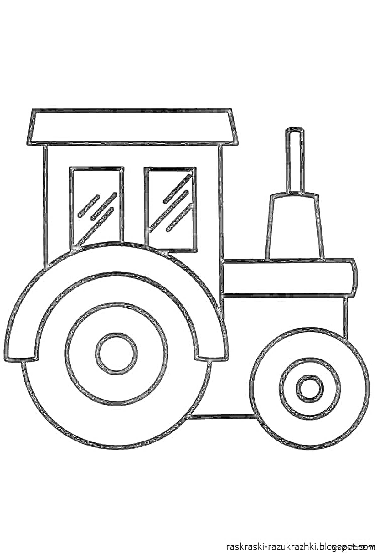 На раскраске изображено: Трактор, Транспорт, Колеса, Окна, Сельское хозяйство, Кабина водителя