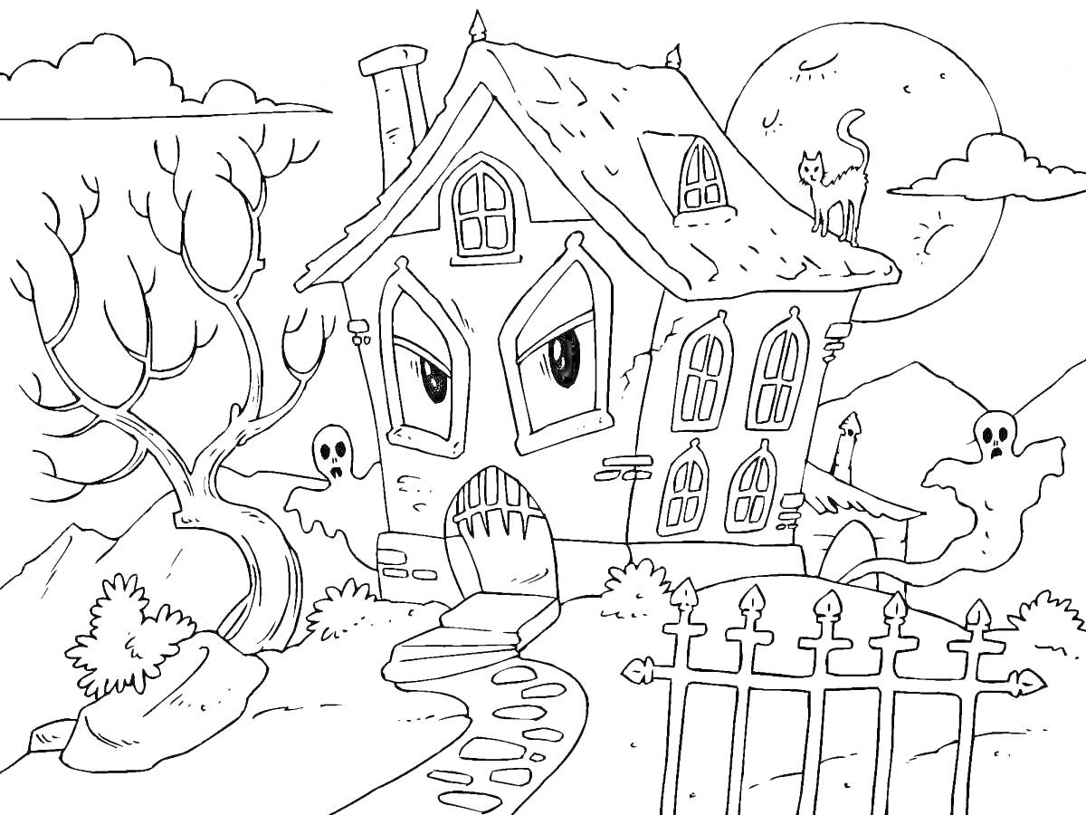 Раскраска Дом с привидениями на холме с кошкой, деревом, забором, солнцем и облаками