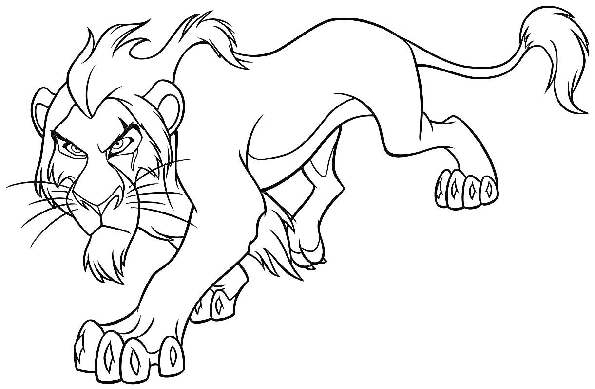 Раскраска Лев с гривой в агрессивной позе, с выразительными глазами и поднятой лапой