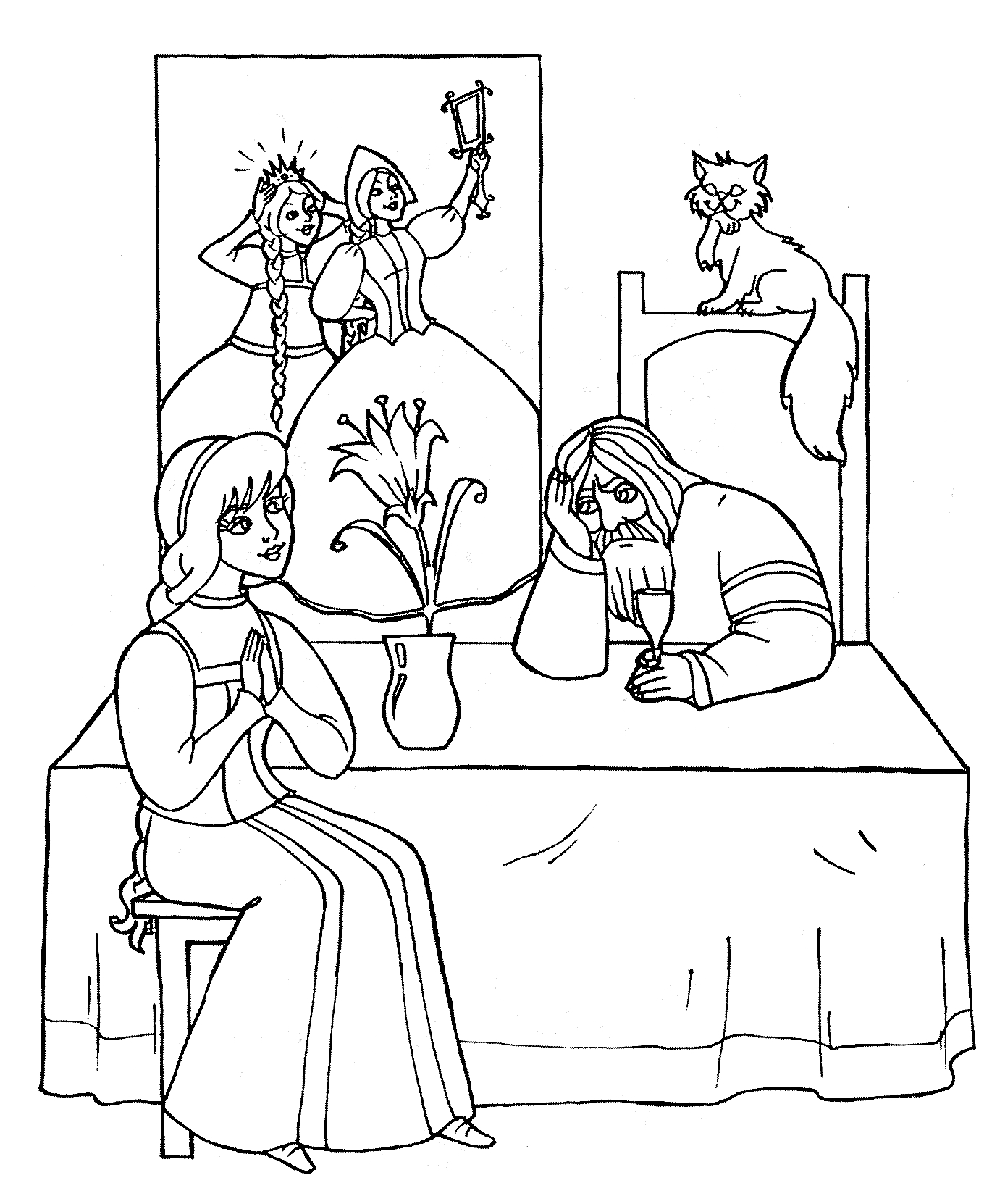 Раскраска Аленький цветочек - девушка, мужчина, кот, ваза с цветком, три девушки на заднем плане