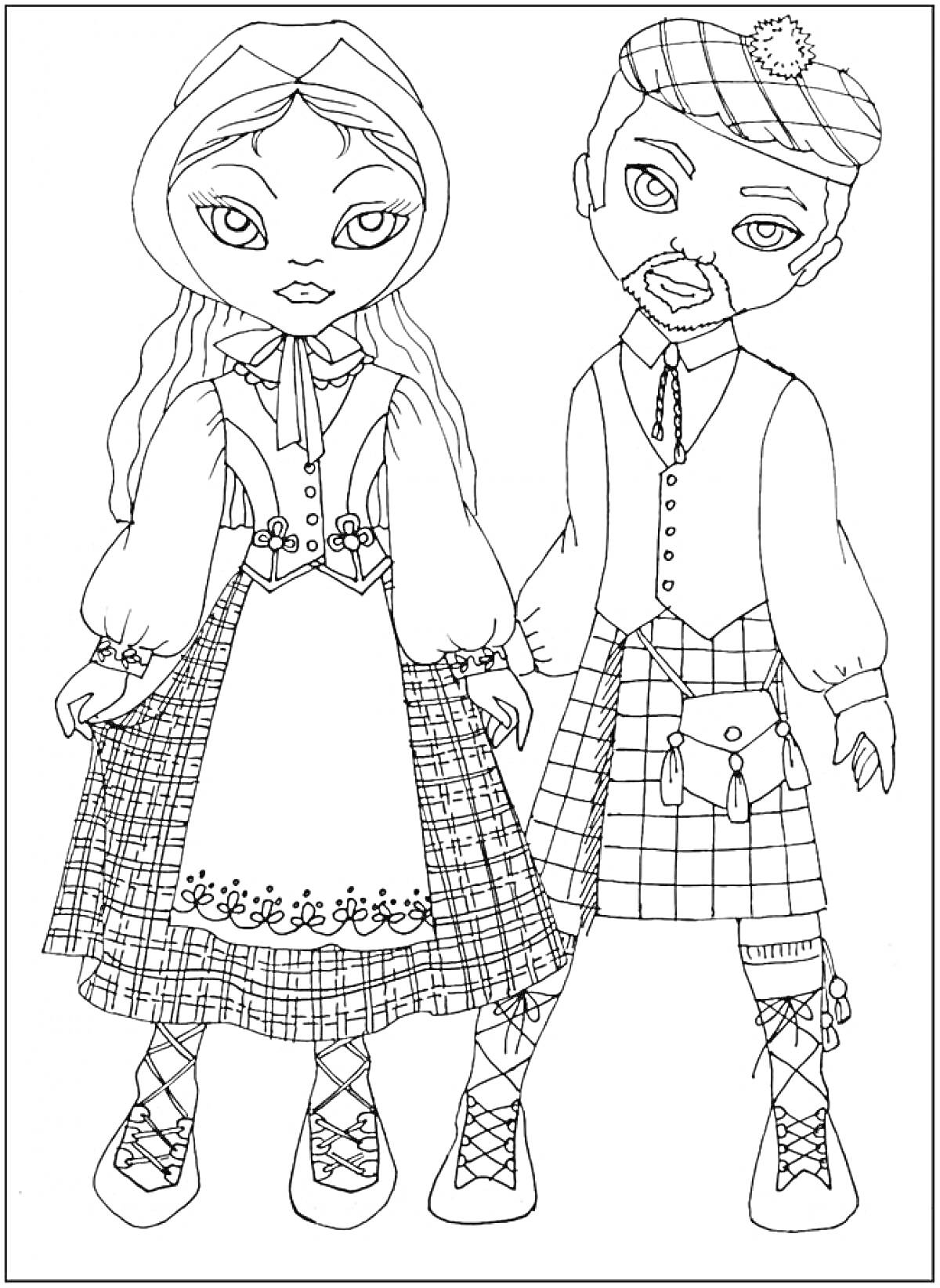 Раскраска Дети в шотландских традиционных костюмах с клетчатыми юбками и беретами