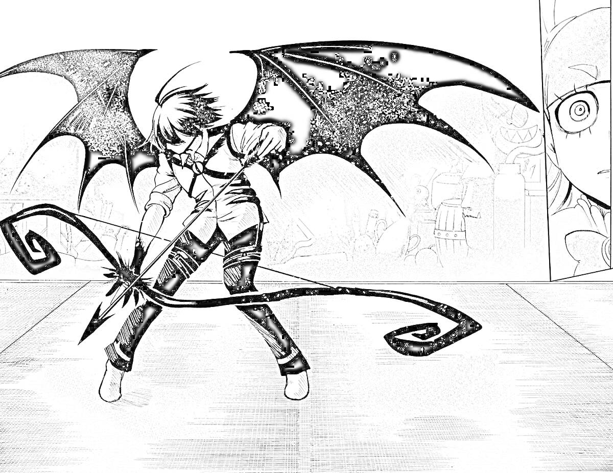 Раскраска Мальчик с крыльями в боевой стойке с магическим посохом, фон с лицом и зрителями