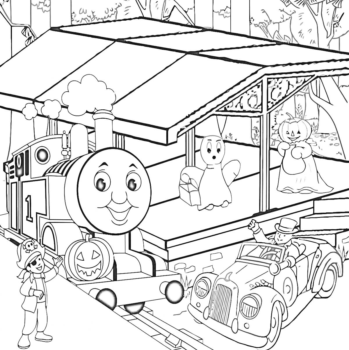 Раскраска Паровозик Томас на вокзале с привидениями, украшенный тыквой, человек у машины и кукольные персонажи