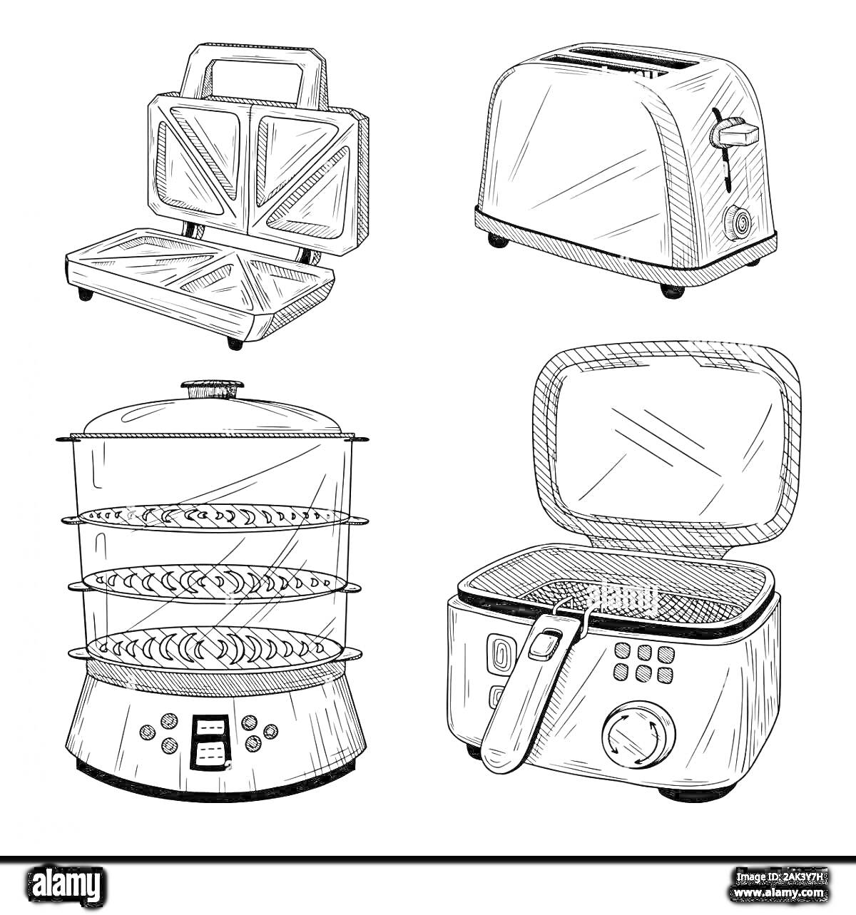 РаскраскаНабор кухонной техники: сэндвичница, тостер, пароварка и фритюрница
