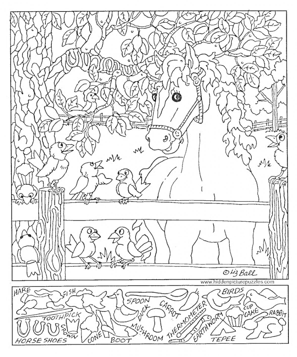 Раскраска Лошадь и птицы в лесу с различными спрятанными предметами
