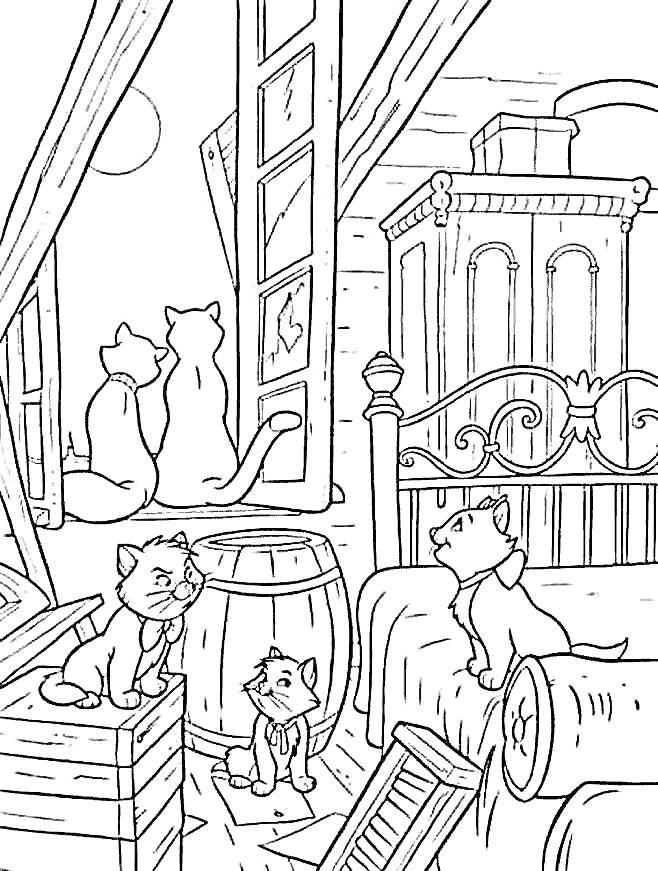 Раскраска Кошачья комната на чердаке с окном, кроватью, бочкой и ящиками, один взрослый кот и три котёнка, двое котов за окном