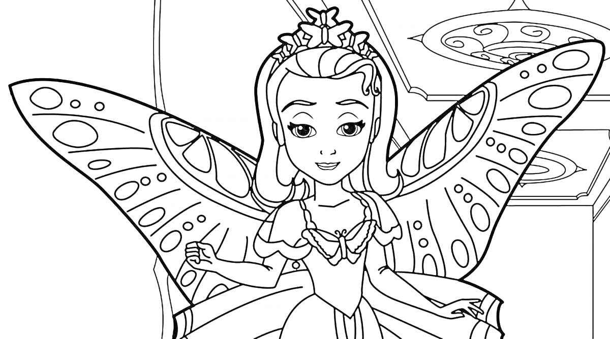 Раскраска Девочка-фея с крыльями бабочки и тиарой перед зеркалом