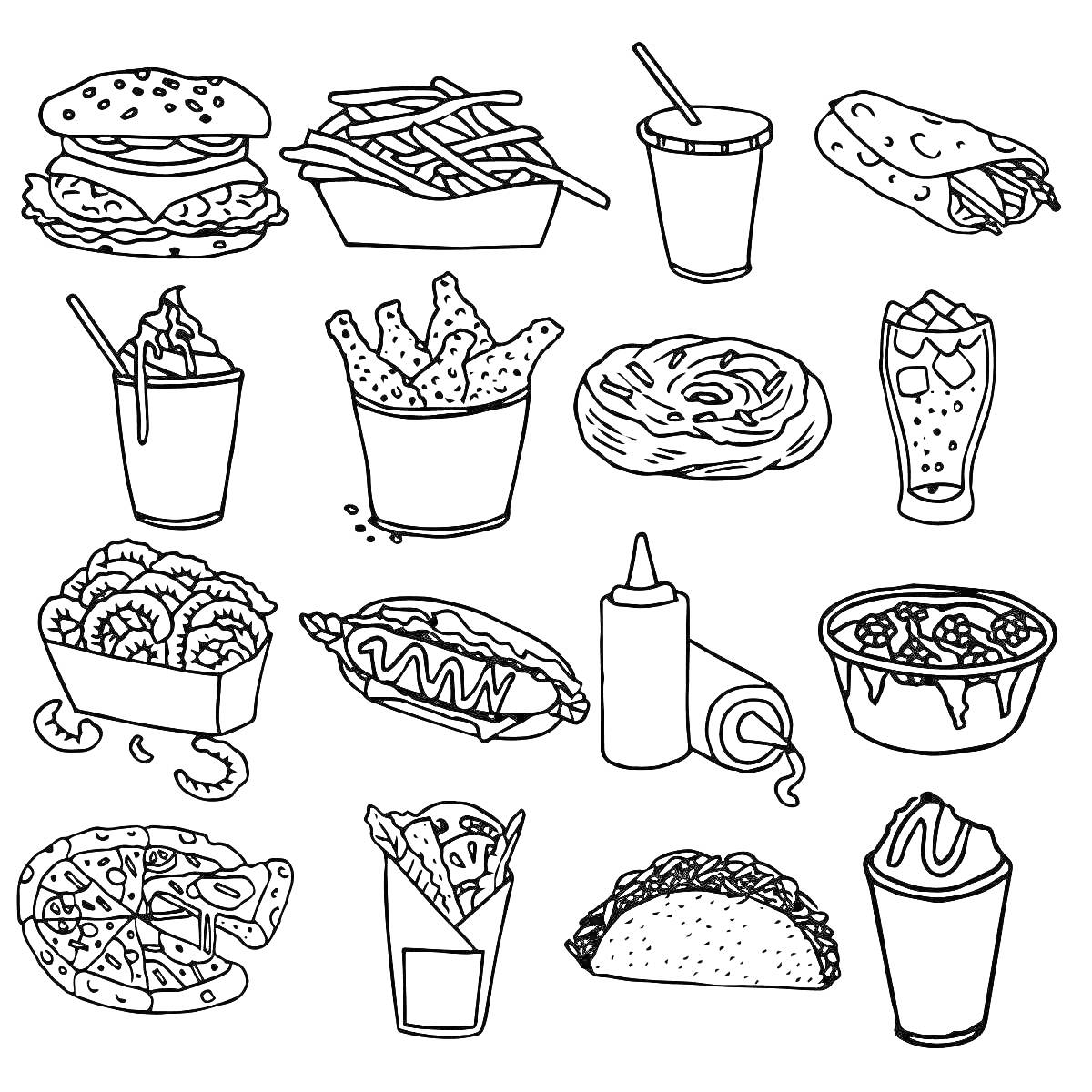 Раскраска Ассортимент фастфуда: бургер, картофель фри, напиток с трубочкой, шаурма, напиток с кусочками льда, крылышки, пончик, газировка, луковые кольца, хот-дог, соус, тарт с ягодами, пицца, картофель фри в стакане, тако, молочный коктейль