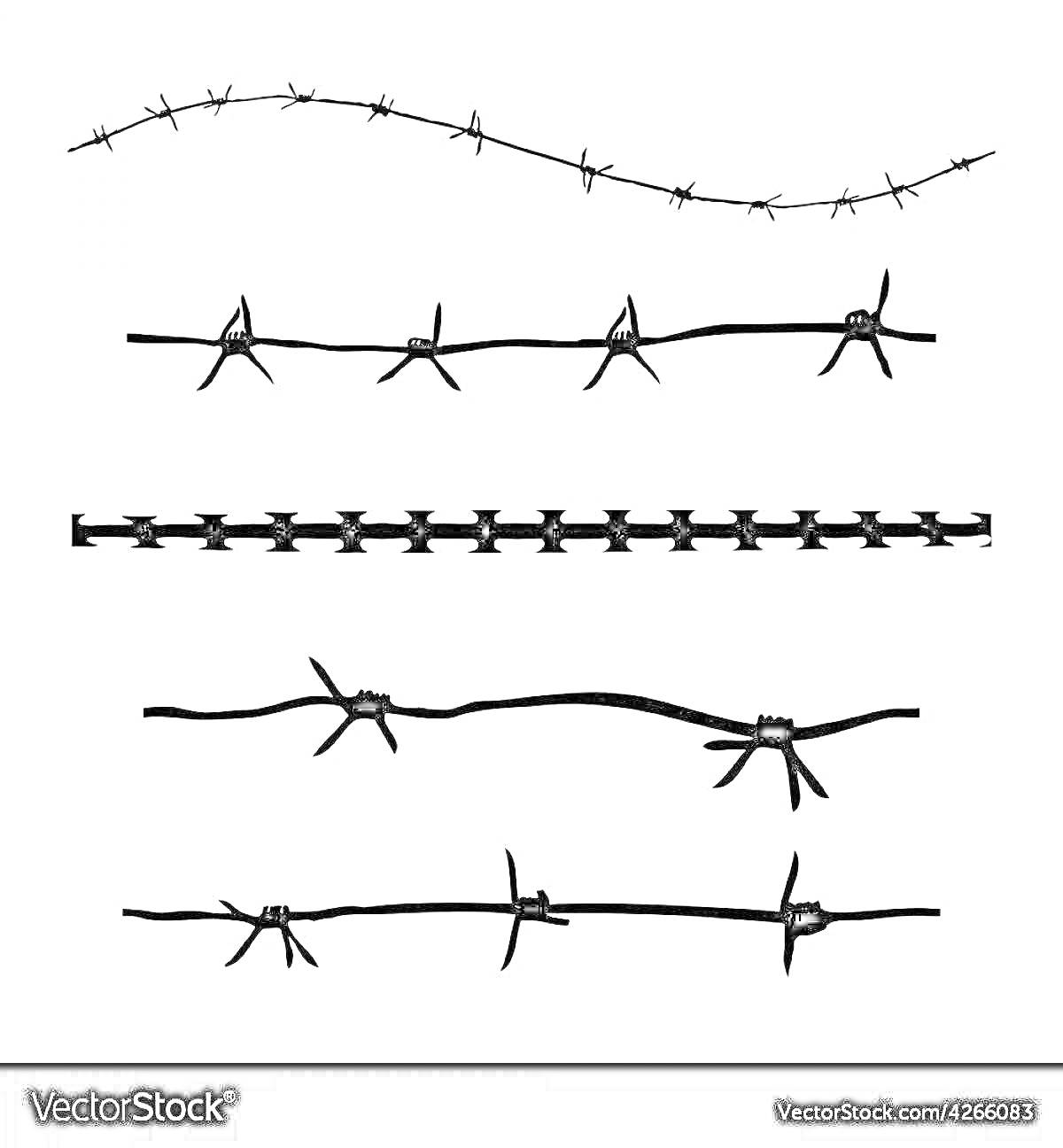 Раскраска Виды колючей проволоки (волнистая линия, сплошная линия с узлами, сетка, две линии с узлами)