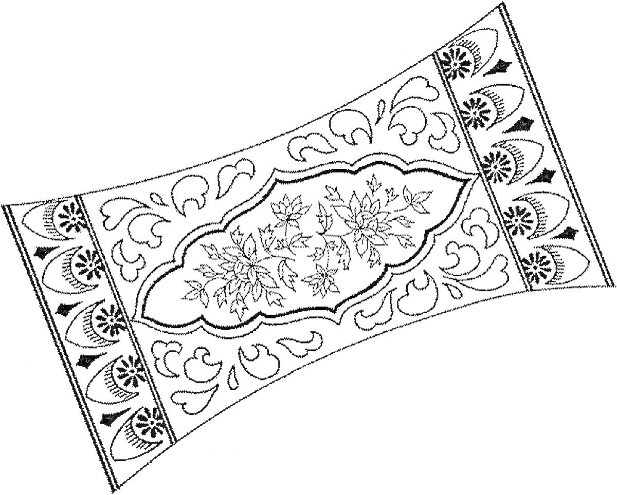 Ковер с цветочным орнаментом и декоративными узорами по краям.
