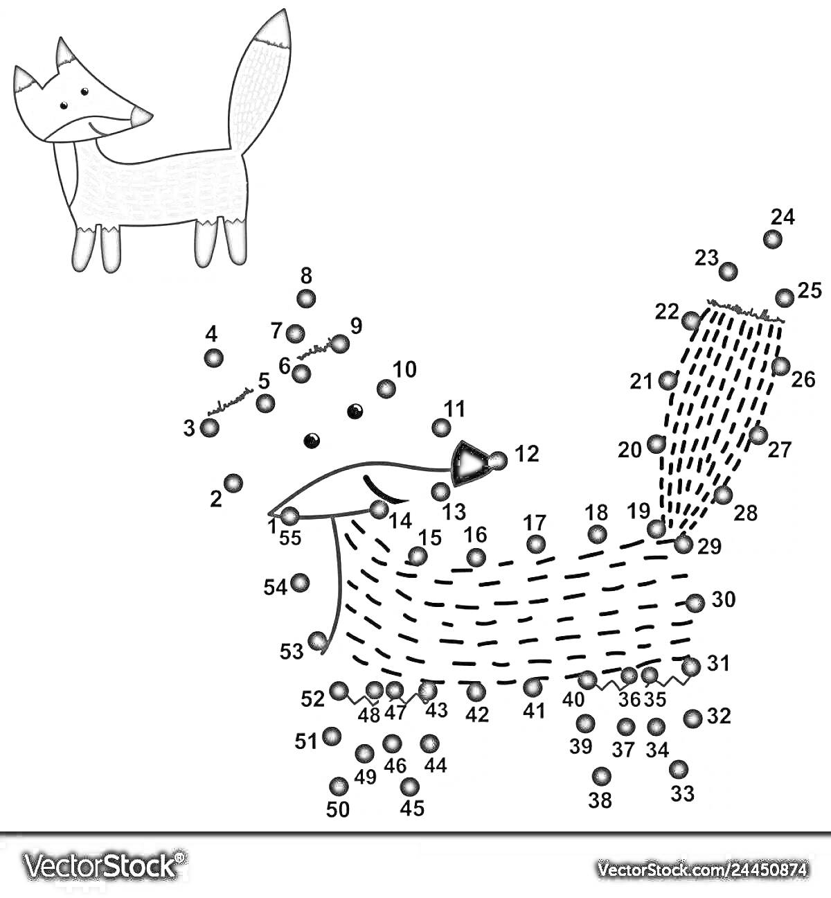 Раскраска Лиса и соединение точек для рисования