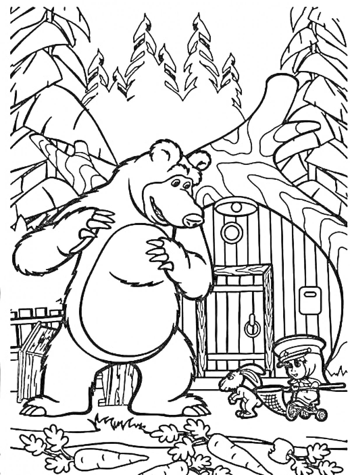 На раскраске изображено: Маша и медведь, Медведь, Дом, Лес, Маша, Деревья, Зайцы, Корзина, Морковь