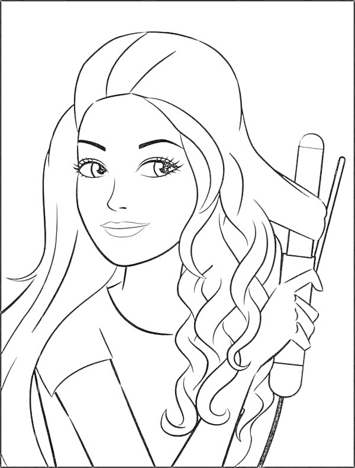 Раскраска Девушка с длинными волосами, использующая утюжок для волос