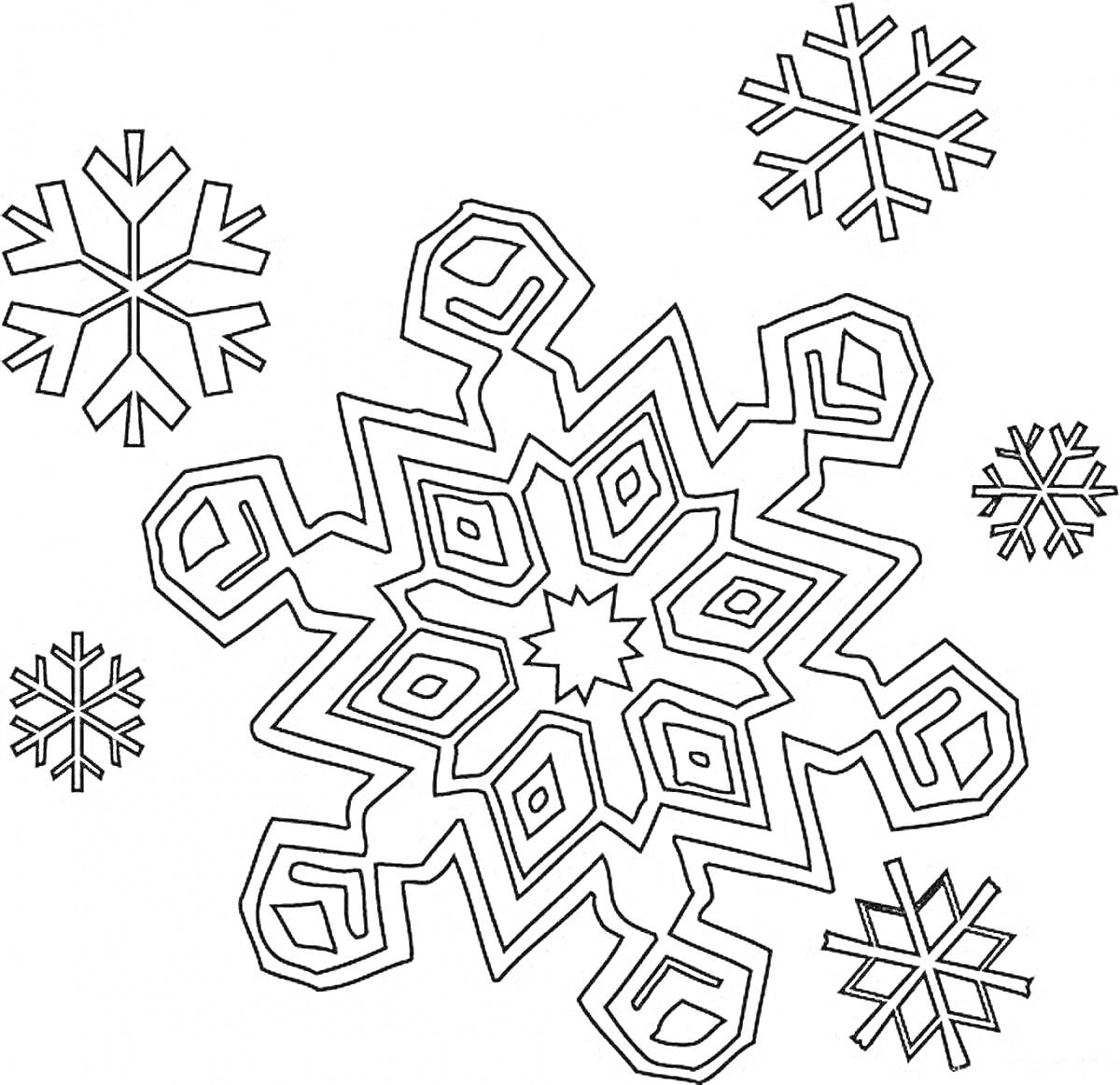 Раскраска большая геометрическая снежинка с четырьмя маленькими снежинками вокруг