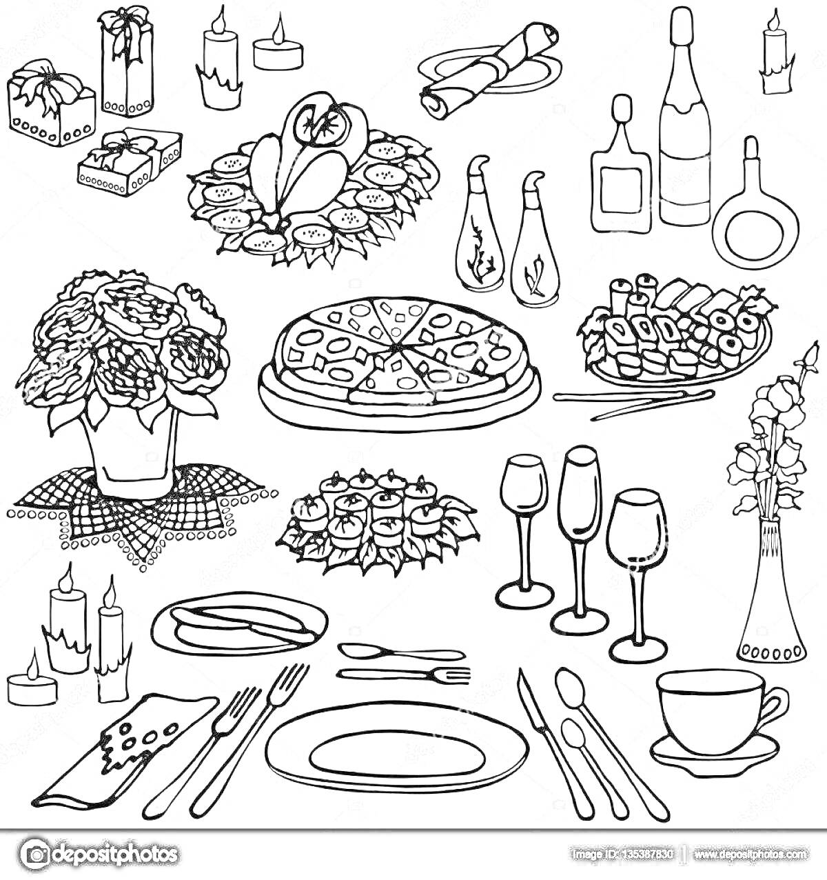 Раскраска праздничный стол с цветами, свечами, салфетками, сосудами с напитками, роллами, рыбой, пиццей, фруктами, конфетами и столовыми приборами