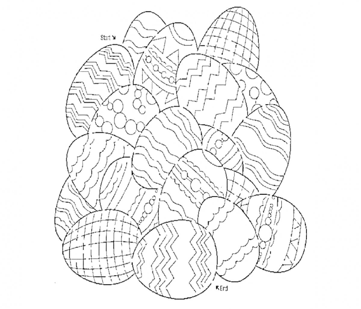 Раскраска Лабиринт антистресс из декоративных пасхальных яиц с узорами