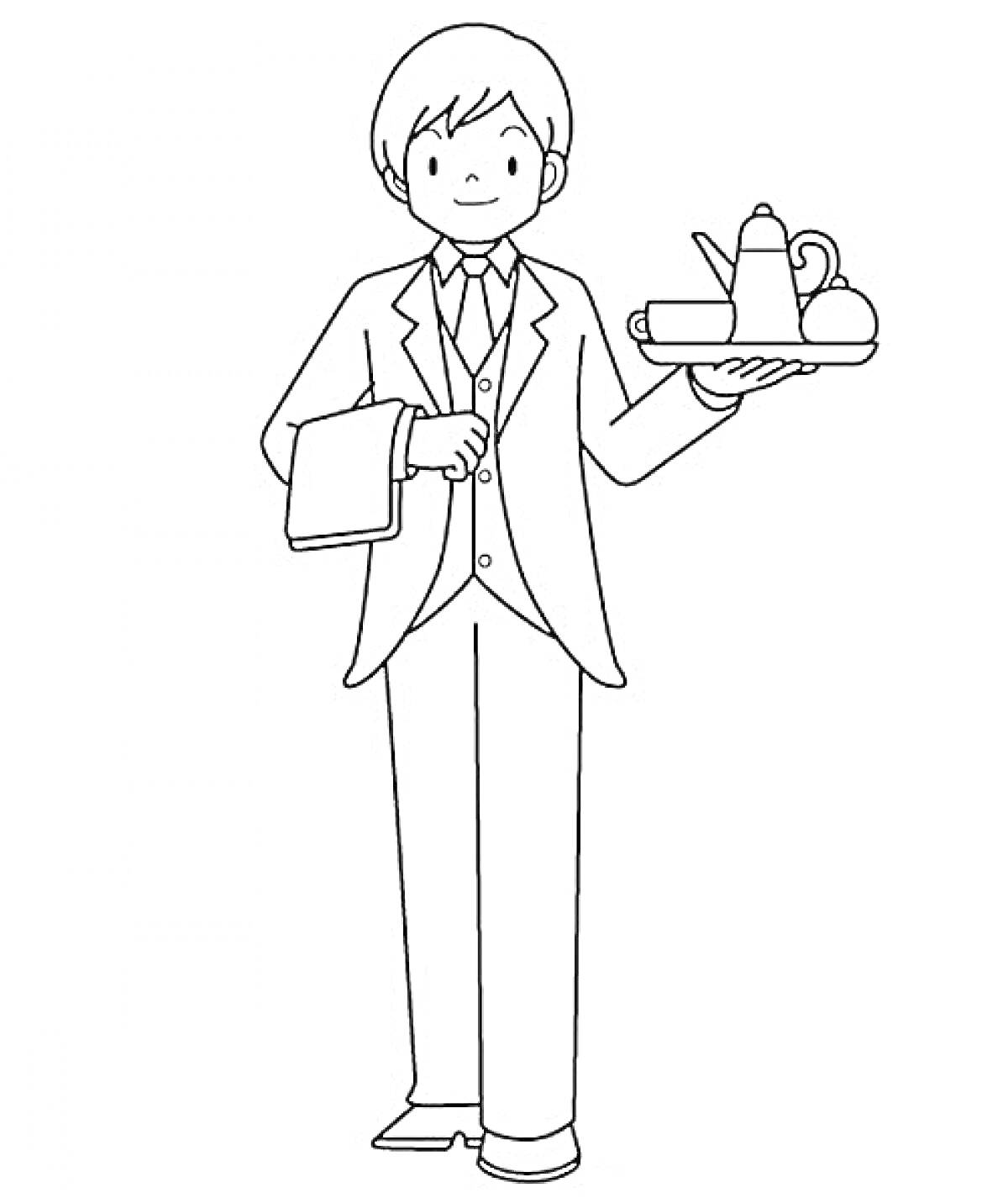 Официант с подносом с чайником, чашкой и блюдцем, держит полотенце