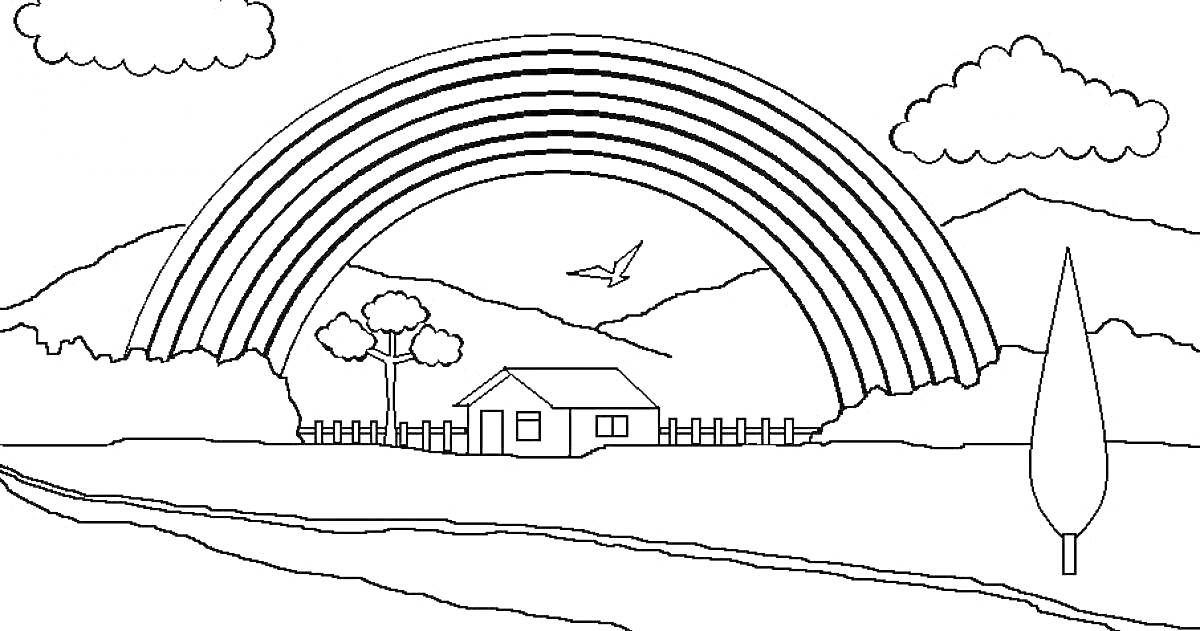 Раскраска Домик у подножия гор с радугой и облаками
