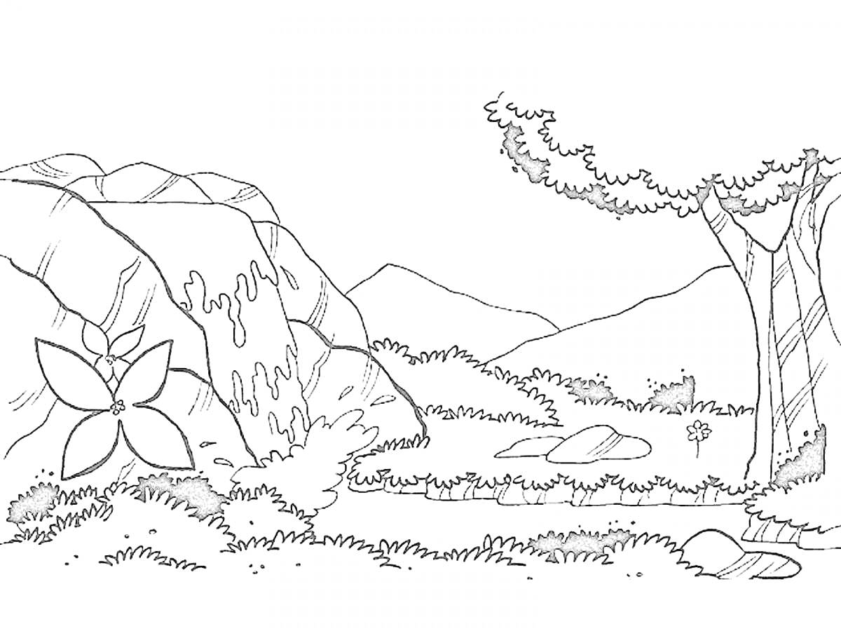 Раскраска Водопад, дерево, горы и цветок
