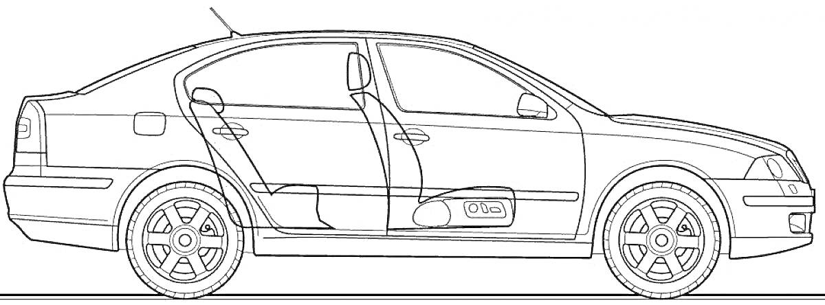 Раскраска Шкода Октавия седан, вид сбоку, схематичное изображение с вентиляторами под сидениями, с открытой дверью