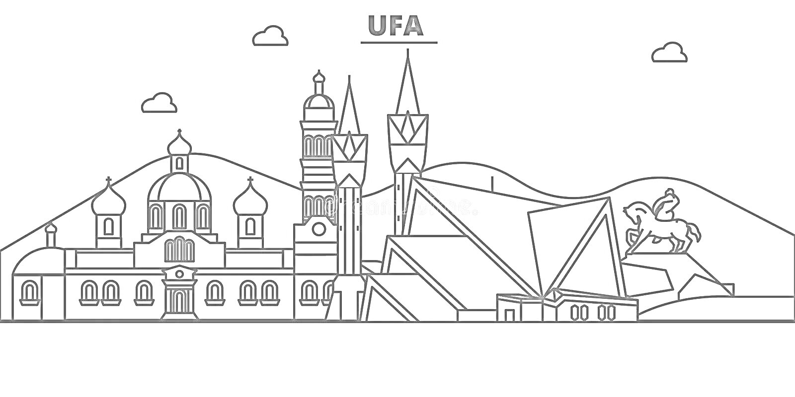 Раскраска Уфа с элементами: собор, башня, современное здание, конная статуя, горы, облака.