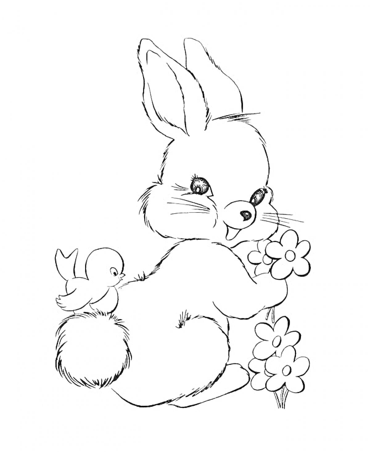 Раскраска Кролик с цветами и птичкой на хвосте