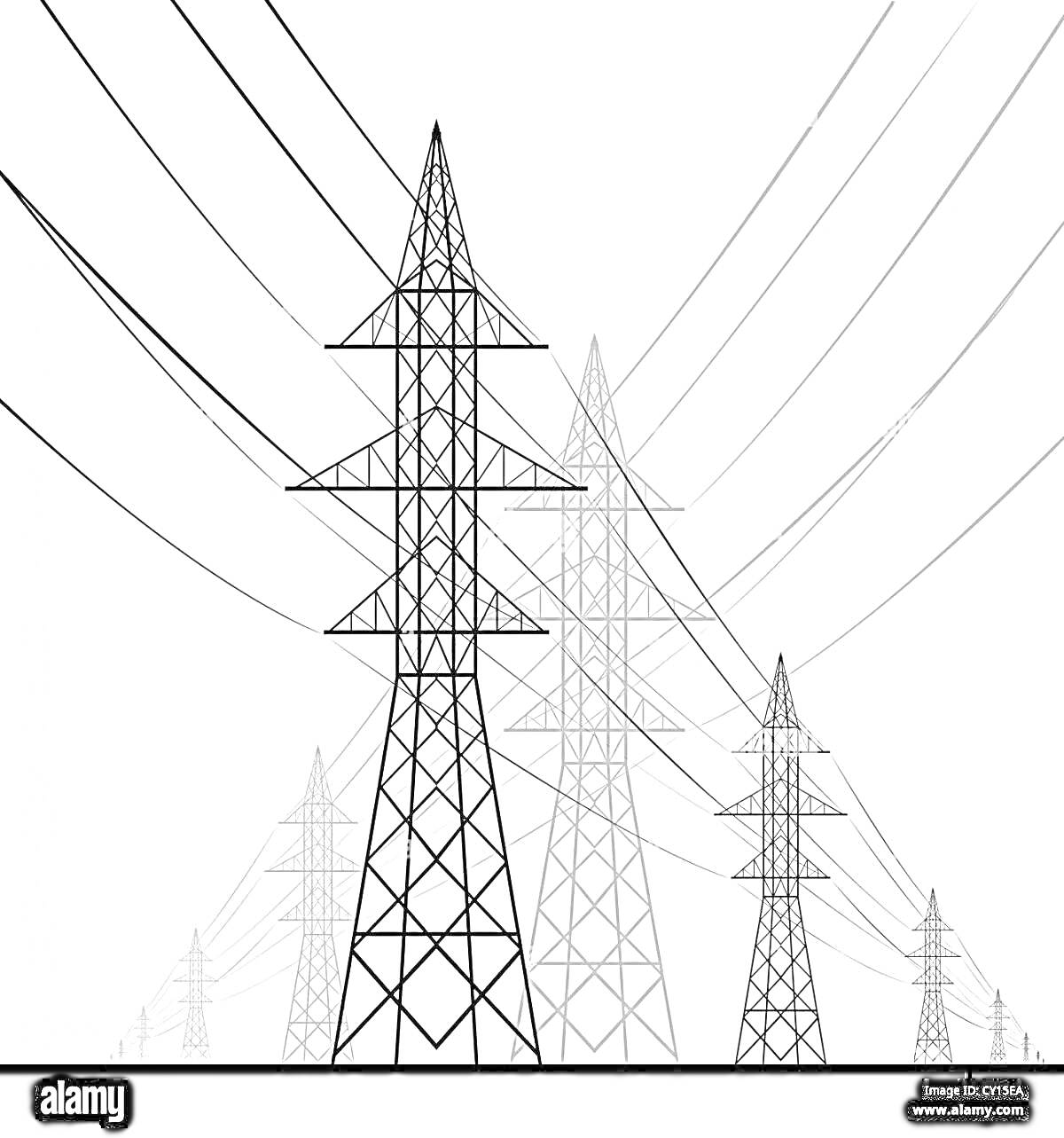 Раскраска Электрические башни с проводами на белом фоне