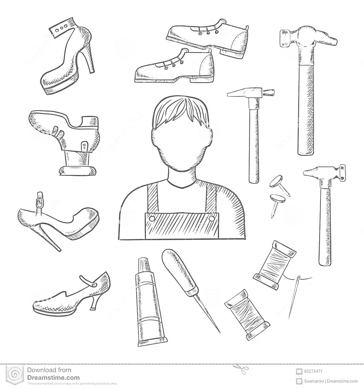 Раскраска Сапожник и его инструменты - человек, обувь (туфли, ботинки), молоток, клей, отвертка, нитки