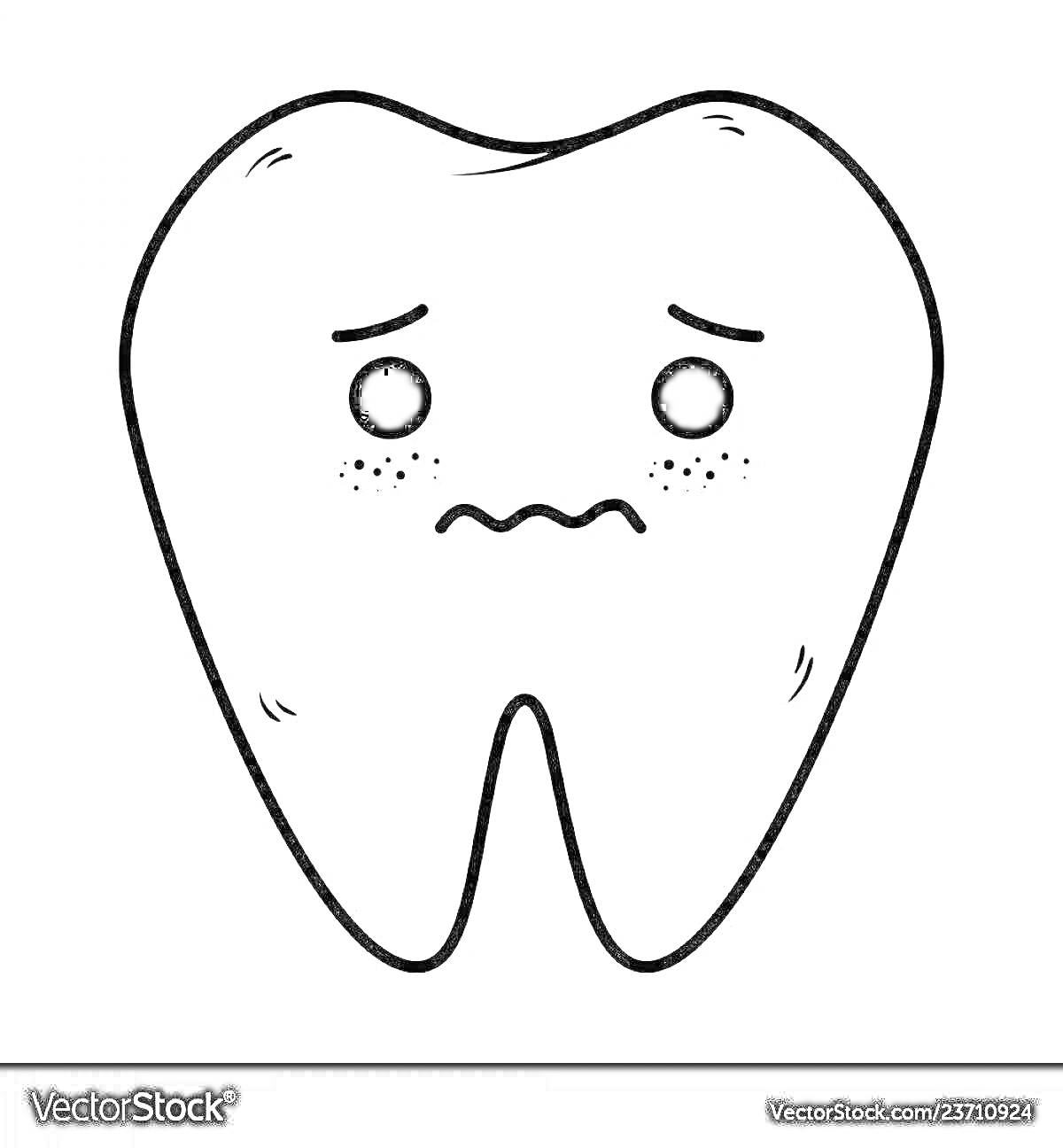Раскраска Грустный зуб с лицом и веснушками