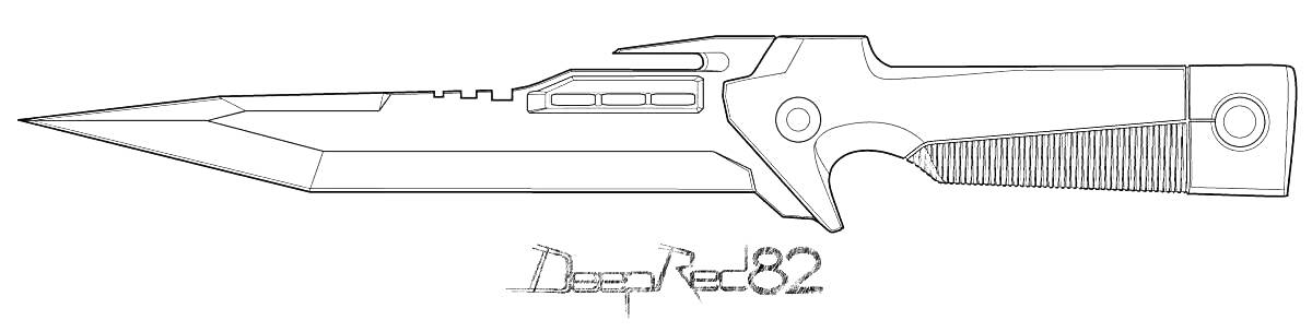 Раскраска Чертеж ножа с надписью Deep Race 82 в стиле игры Standoff 2. Изображены рукоятка с текстурой, лезвие с зубцами и декоративными элементами.