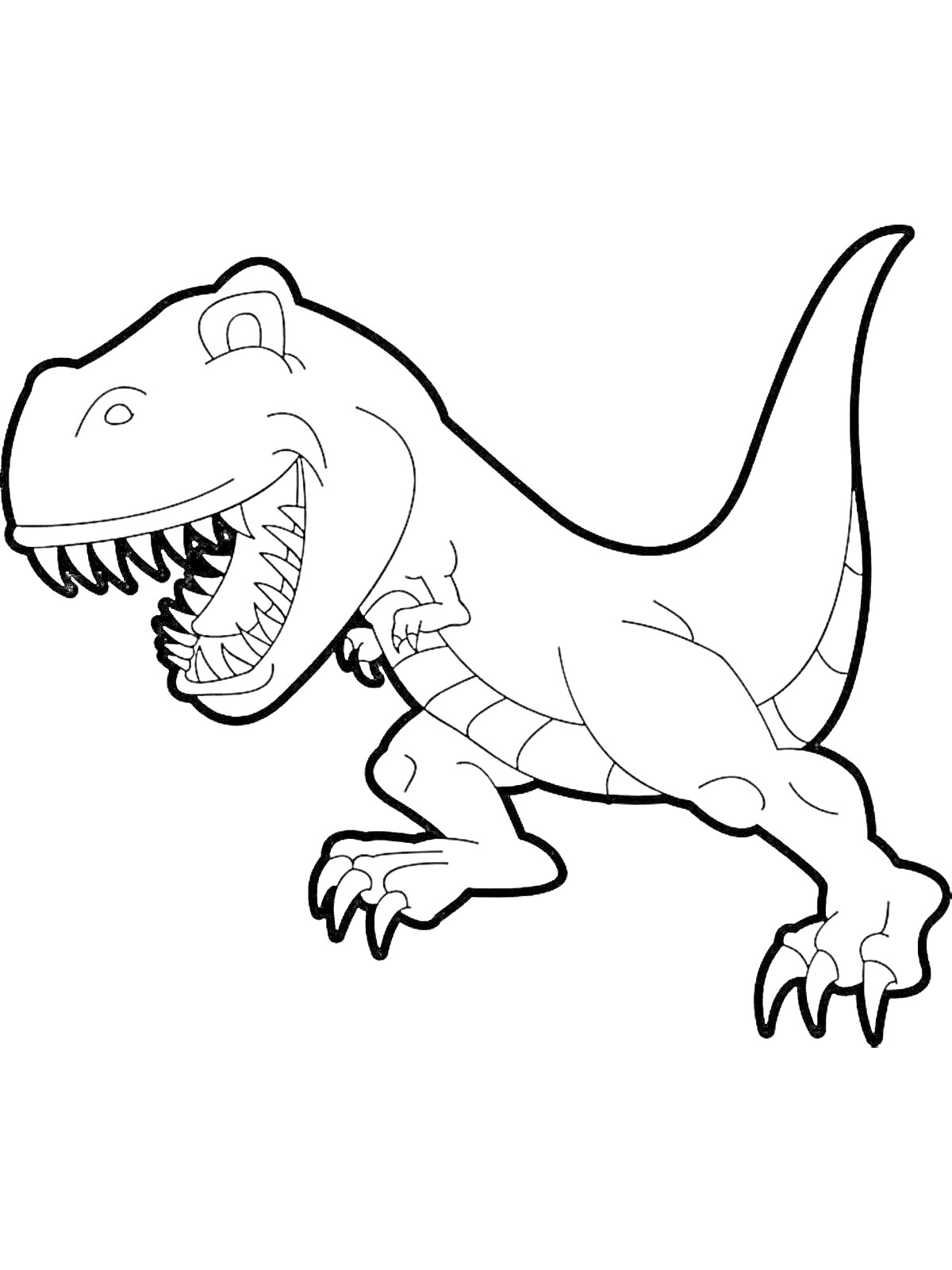 На раскраске изображено: Динозавр, Открытая пасть, Когти, Хвост, Зубы