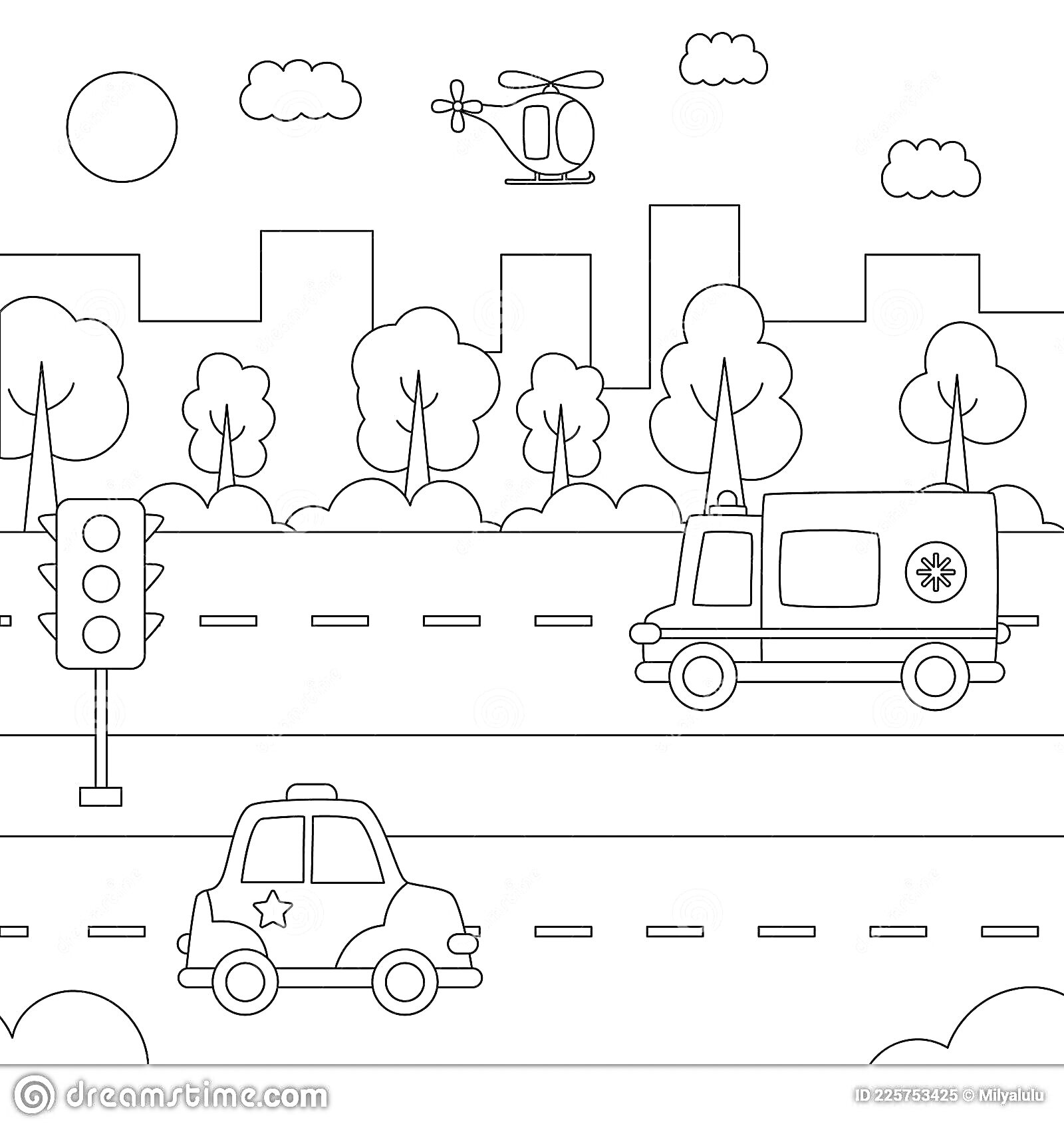 Раскраска Городской транспорт - вертолет, полицейская машина, скорая помощь, деревья, светофор, здания, облака, солнце