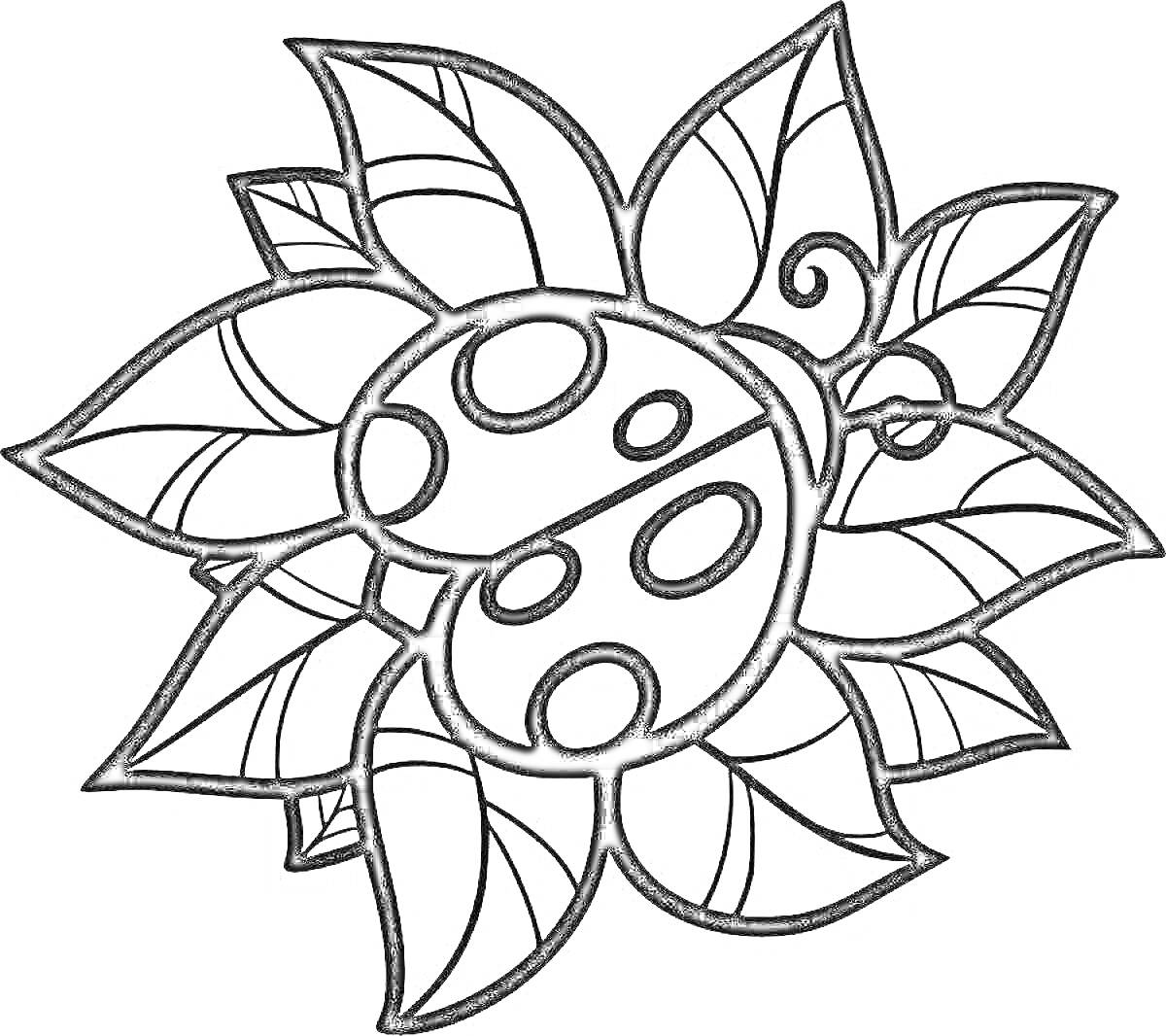 Раскраска Божья коровка на цветке с листьями