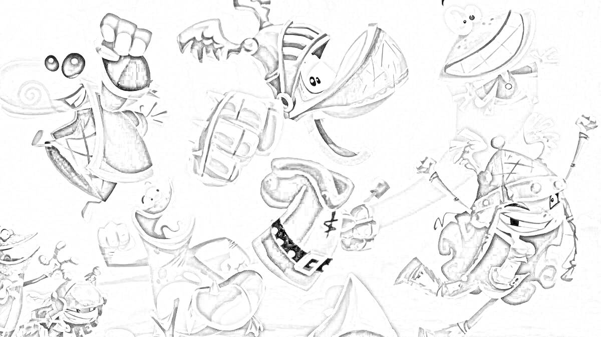 Раскраска Персонажи из Rayman Legends в прыжке с оружием и шляпами