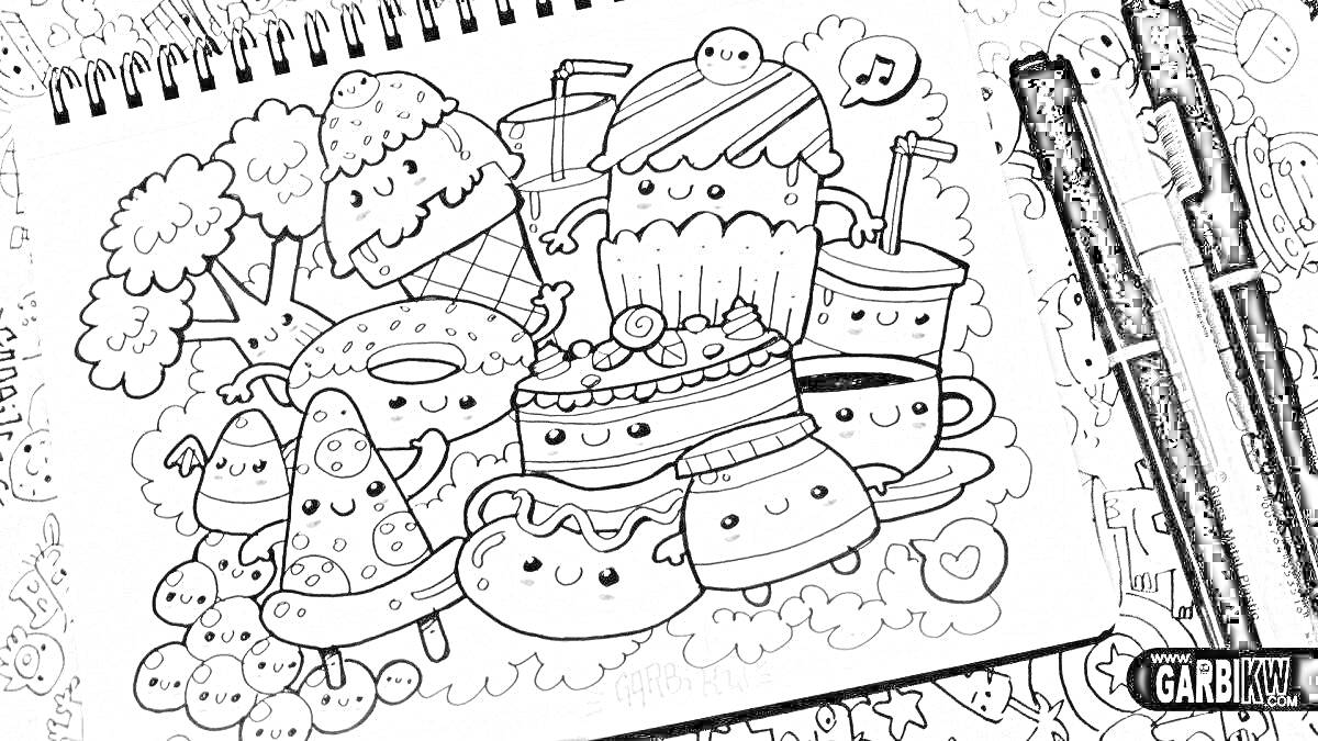 На раскраске изображено: Скетчбук, Еда, Мороженое, Пончик, Пирожное, Чай, Напиток, Пицца, Капкейки