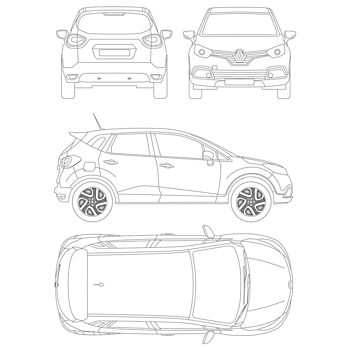 Раскраска Чертежи автомобиля Renault Kaptur, вид сзади, вид спереди, вид сбоку, вид сверху