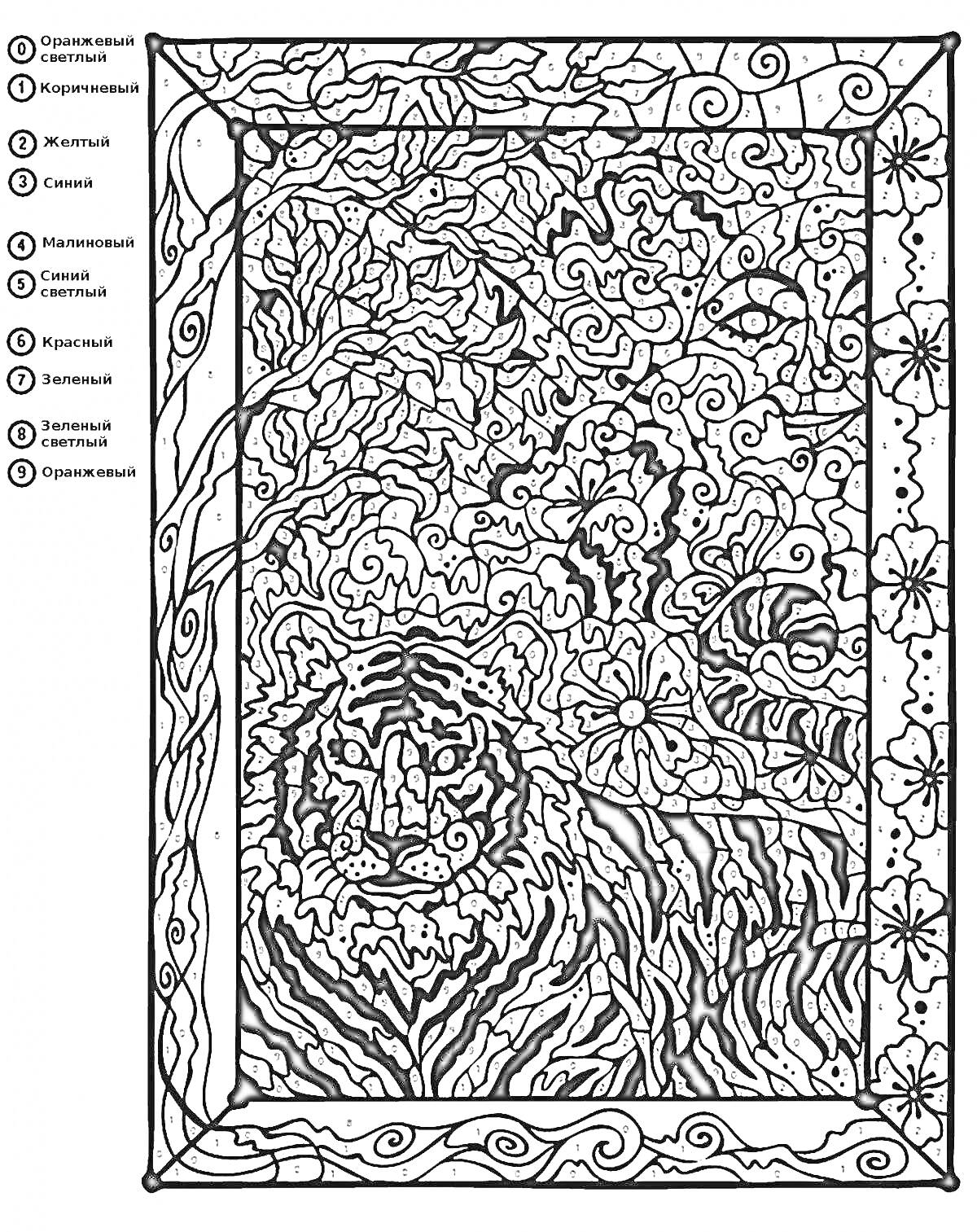 Раскраска Раскраска по номерам с изображением тигра на фоне леса, окружённого цветами и растительностью