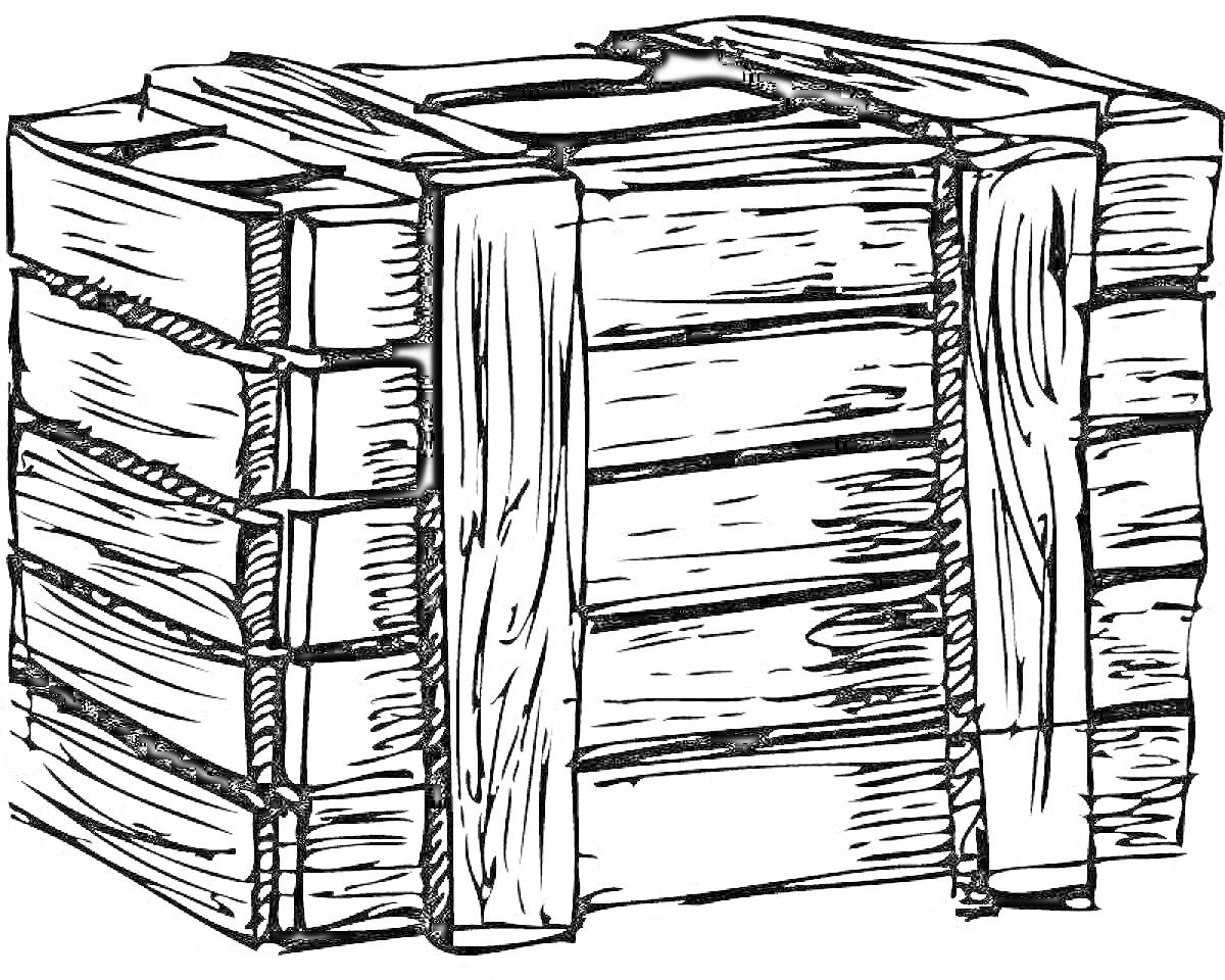 На раскраске изображено: Коробка, Деревянный, Доска, Ящики, Деревья, Скетчбук