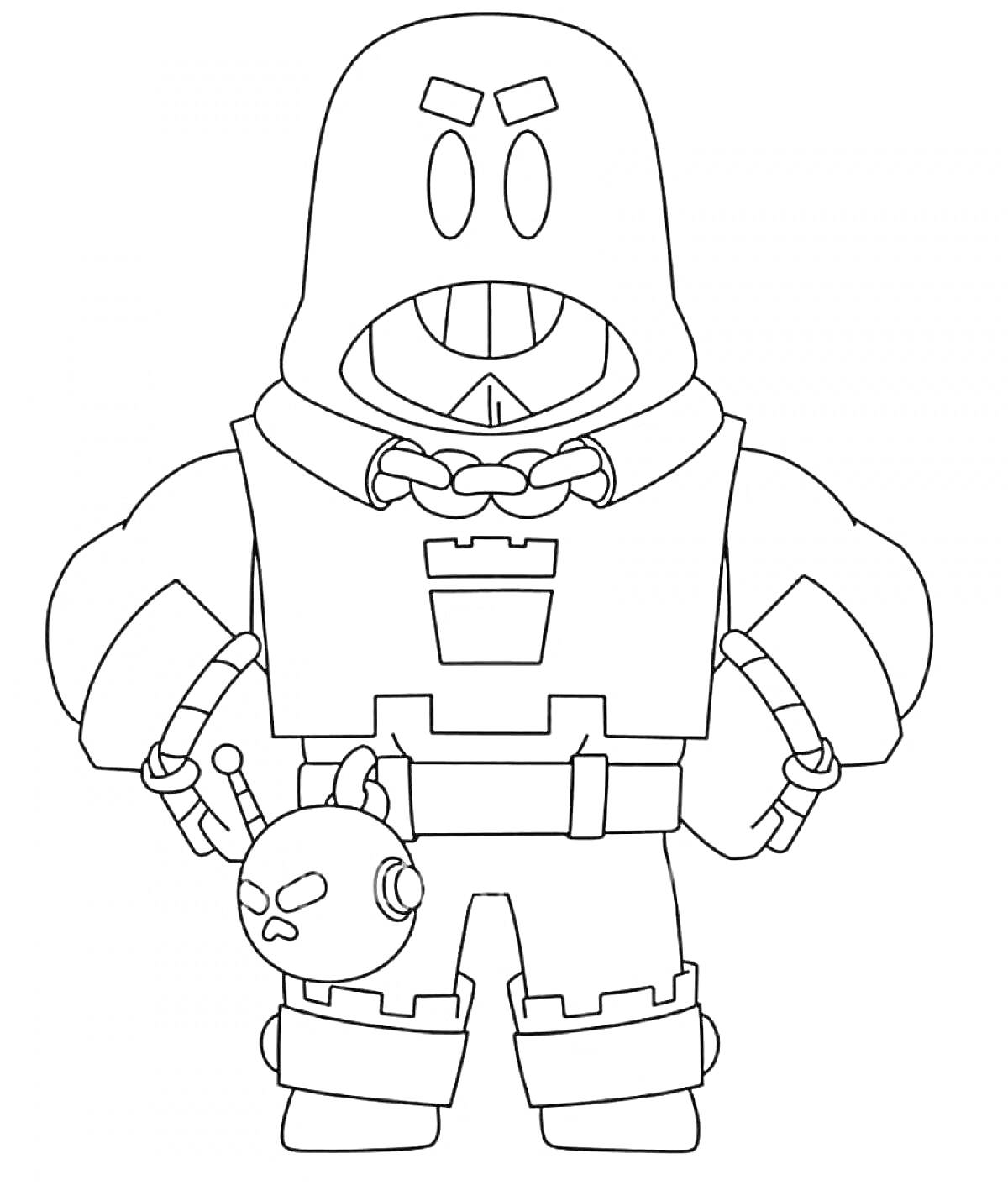 Раскраска Персонаж в капюшоне с цепью, улыбка с зубами, браслеты на руках, ремень, бомба на поясе