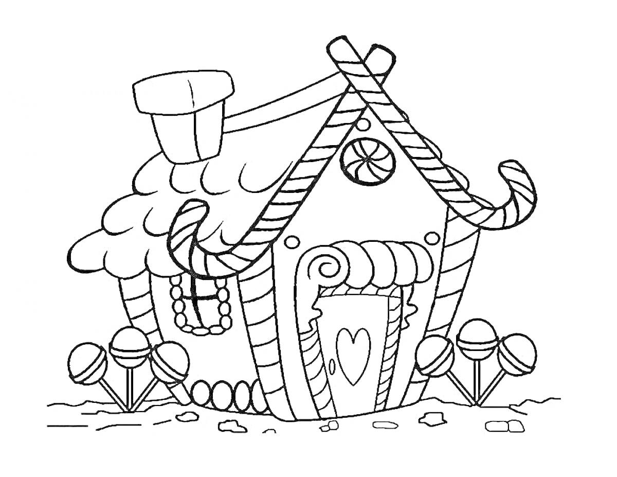 Пряничный домик с конфетами, леденцами и сердечком на двери