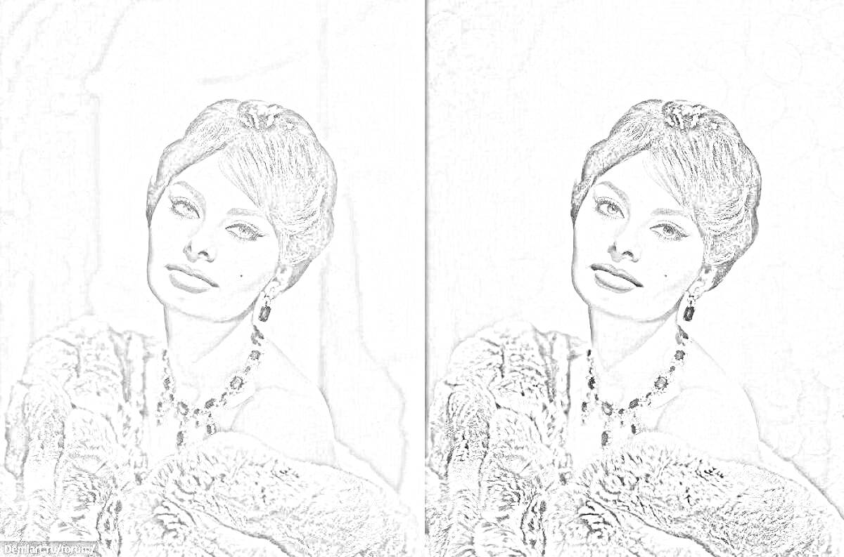 Раскраска Две черно-белые фотографии женщины с короткими темными волосами в меховом накидке и украшениях