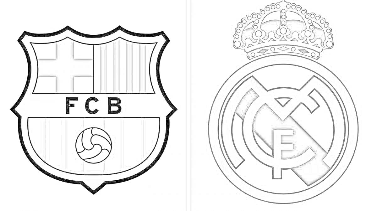 Раскраска эмблемы футбольных клубов Барселона и Реал Мадрид; слева - эмблема клуба Барселона, состоящая из щита с изображением креста Святого Георгия, полос каталонского флага, инициалов FCB и футбольного мяча; справа - эмблема клуба Реал Мадрид, состоящая из круга