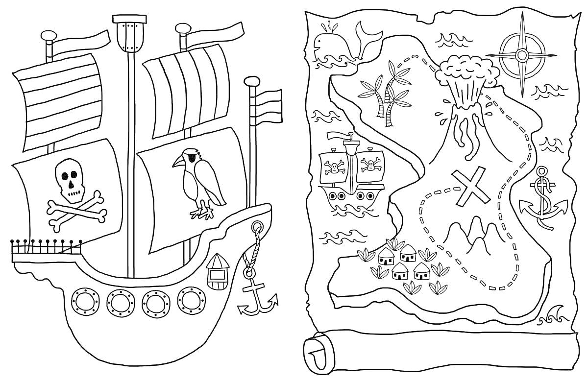 Раскраска Пиратский корабль с черепом и попугаем, и пиратская карта с островом, пальмой, сундуками, кораблями, компасом, вулканом, следами, якорем, горами и тропинкой к кресту