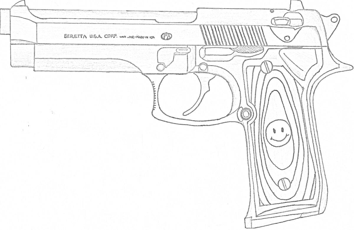 пистолет макарова с надписью на рамке и смайликом на рукоятке